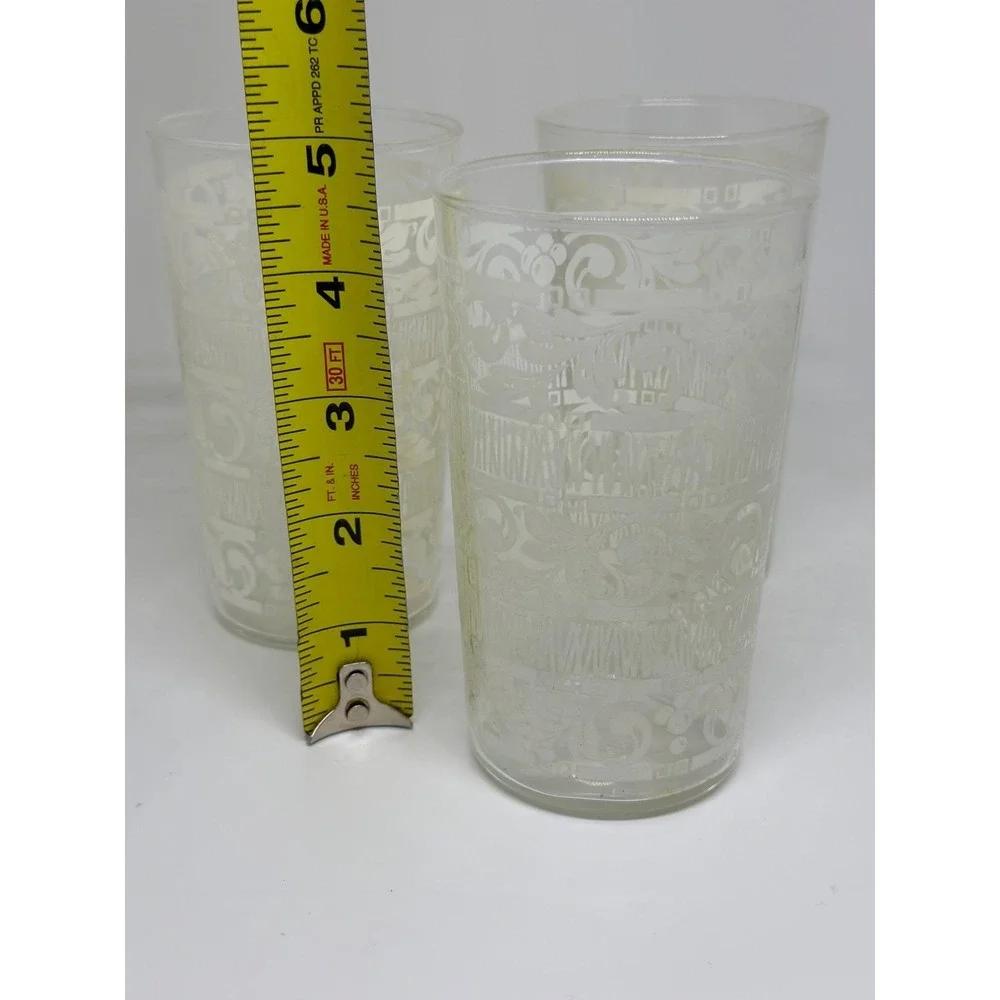 VTG Anchor Hocking White Mist Glass Tumblers | Set of 3, Floral & Scroll Pattern